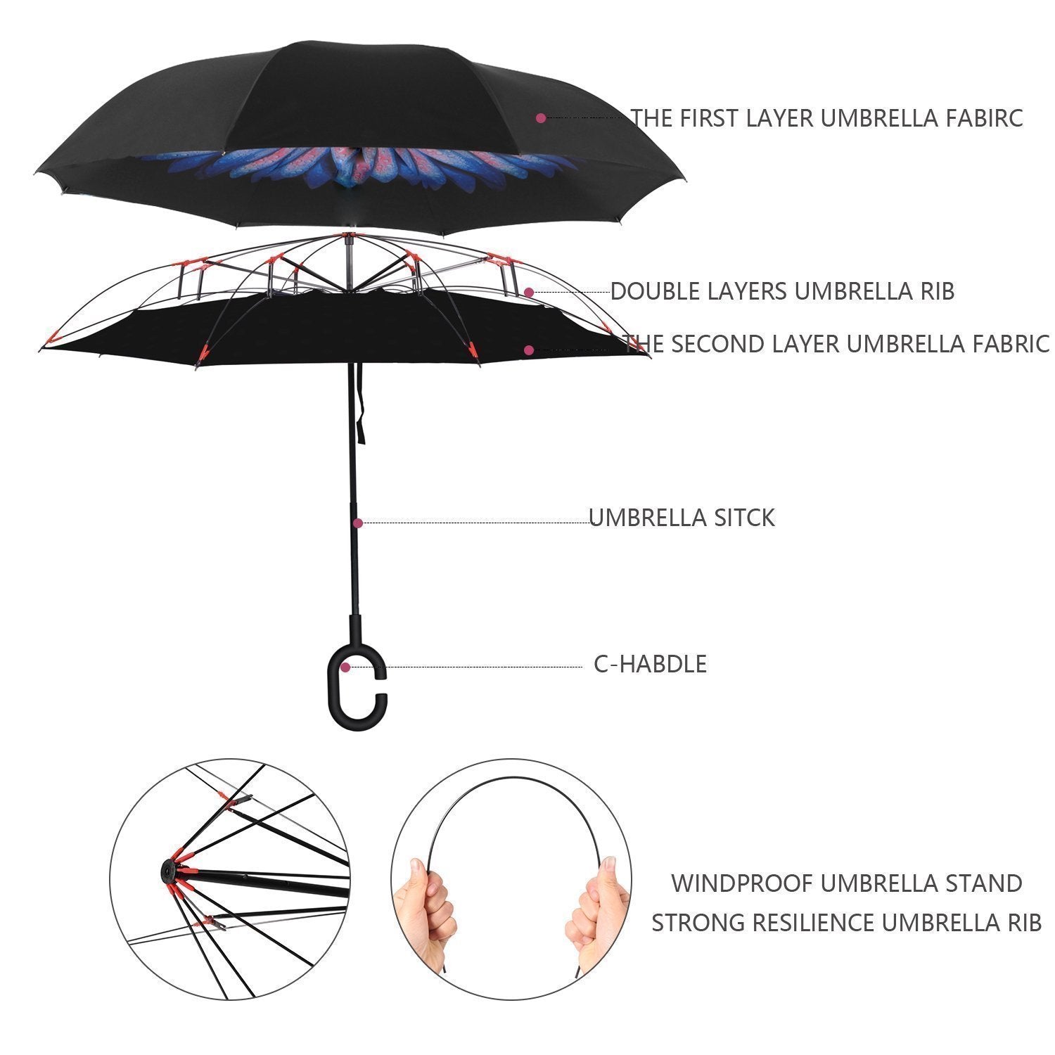 6211 Plain Design Windproof Upside Down Reverse Umbrella With C-shaped Handle 6211 Plain Design Windproof Upside Down Reverse Umbrella With C-shaped Handle